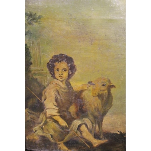 28 - A GILT FRAMED OIL ON CANVAS OF A BOY WITH A SHEEP TOGETHER WITH A WATERCOLOUR OF PEOPLE BOATING ON A... 