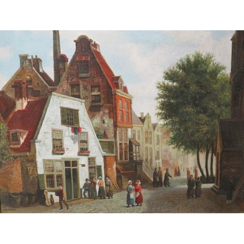 36 - A MODERN OIL ON CANVAS DEPICTING A 19TH CENTURY STREET SCENE SIGNED E A JAMES