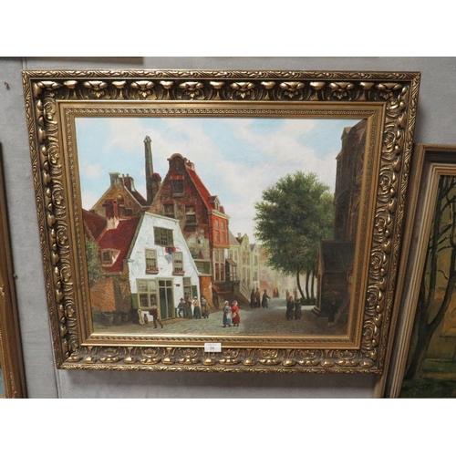 36 - A MODERN OIL ON CANVAS DEPICTING A 19TH CENTURY STREET SCENE SIGNED E A JAMES