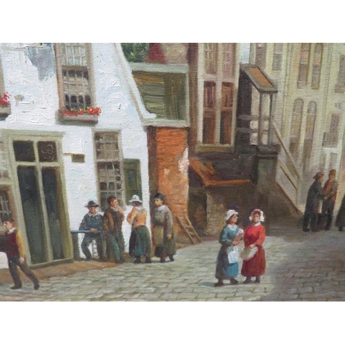 36 - A MODERN OIL ON CANVAS DEPICTING A 19TH CENTURY STREET SCENE SIGNED E A JAMES