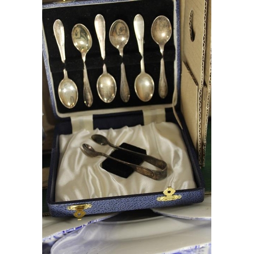 51 - A BOX OF ASSORTED SILVER PLATED ITEMS ETC