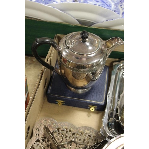 51 - A BOX OF ASSORTED SILVER PLATED ITEMS ETC