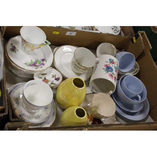 54 - THREE TRAYS OF ASSORTED CERAMICS AND TEAWARE TO INCLUDE AYNSLEY, GRAFTON ETC