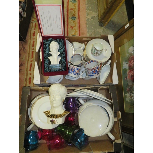 56 - TWO TRAYS OF ASSORTED CERAMICS AND GLASS TO INCLUDE DINNERWARE, TEALIGHT HOLDERS, PRINCESS DIANA BUS... 