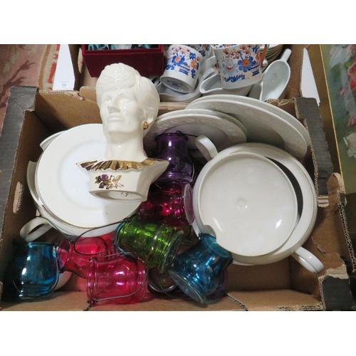 56 - TWO TRAYS OF ASSORTED CERAMICS AND GLASS TO INCLUDE DINNERWARE, TEALIGHT HOLDERS, PRINCESS DIANA BUS... 