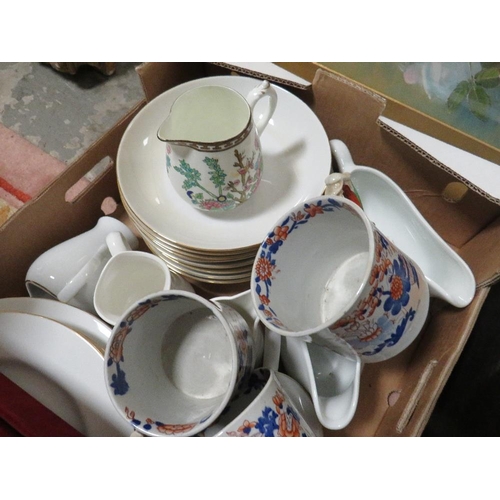 56 - TWO TRAYS OF ASSORTED CERAMICS AND GLASS TO INCLUDE DINNERWARE, TEALIGHT HOLDERS, PRINCESS DIANA BUS... 