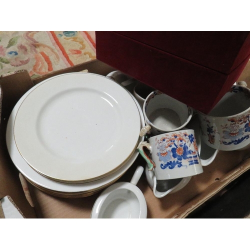 56 - TWO TRAYS OF ASSORTED CERAMICS AND GLASS TO INCLUDE DINNERWARE, TEALIGHT HOLDERS, PRINCESS DIANA BUS... 