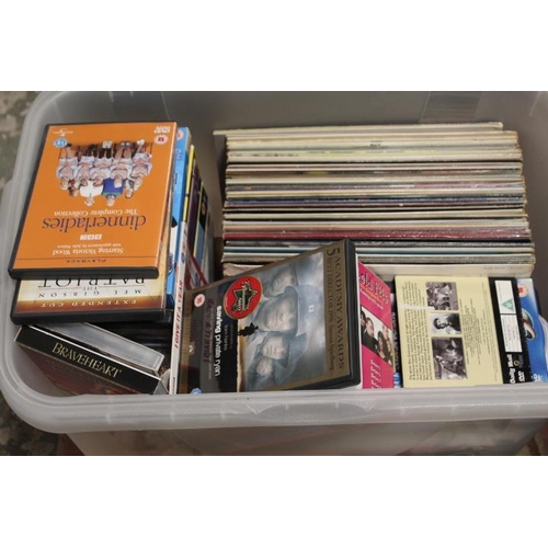 60 - A SELECTION OF LP RECORDS TOGETHER WITH A COLLECTION OF DVDS AND CDS - CONTENTS UNCHECKED