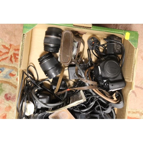 61 - A TRAY OF ASSORTED CAMERAS, LENSES ETC