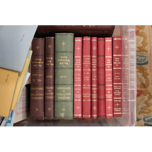 64 - A TRAY OF ASSORTED LOCAL INTEREST BOOKS ETC TO INCLUDE THE HISTORY OF THE COUNTY OF STAFFORD