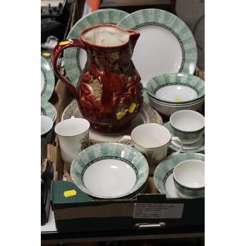 66 - THREE TRAYS OF ASSORTED CERAMICS TO INCLUDE A BOXED SET OF SIX WEDGWOOD SUSIE COOPER COFFEE CANS AND... 