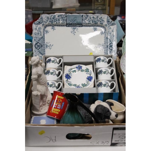 66 - THREE TRAYS OF ASSORTED CERAMICS TO INCLUDE A BOXED SET OF SIX WEDGWOOD SUSIE COOPER COFFEE CANS AND... 