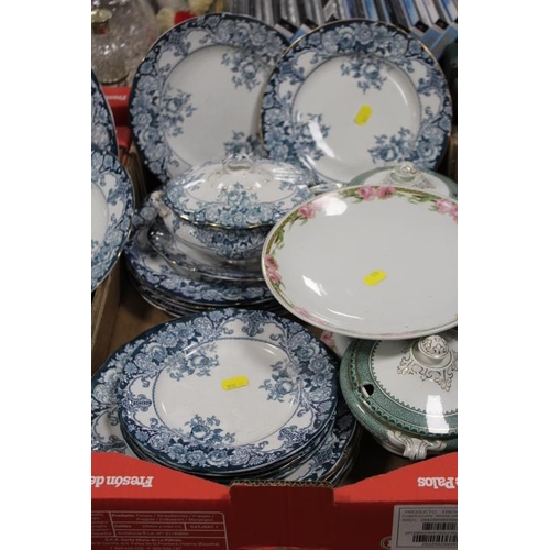 68 - THREE TRAYS OF ASSORTED ANTIQUE AND LATER DINNERWARE TO INCLUDE TUREENS, LADLES ETC