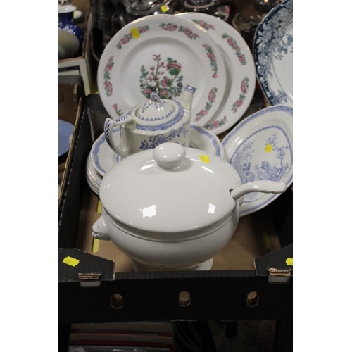 68 - THREE TRAYS OF ASSORTED ANTIQUE AND LATER DINNERWARE TO INCLUDE TUREENS, LADLES ETC