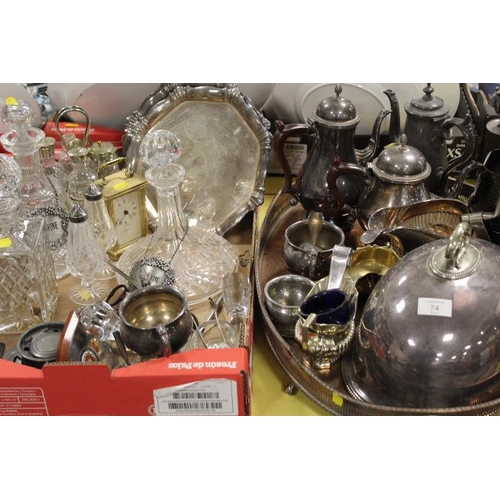 74 - TWO TRAYS OF ASSORTED GLASS AND METALWARE TO INCLUDE DECANTERS, GALLERY TRAY ETC