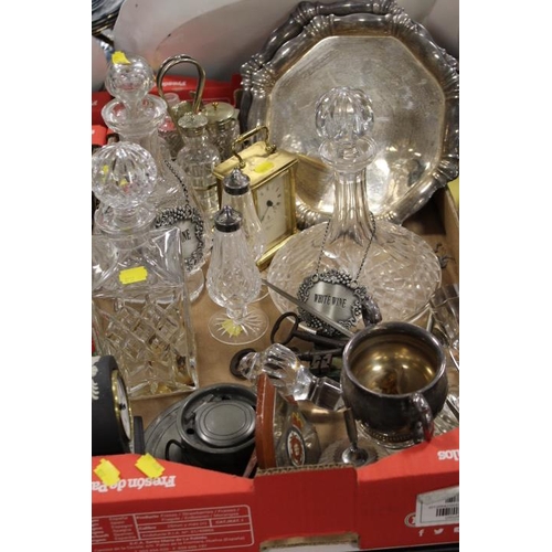 74 - TWO TRAYS OF ASSORTED GLASS AND METALWARE TO INCLUDE DECANTERS, GALLERY TRAY ETC