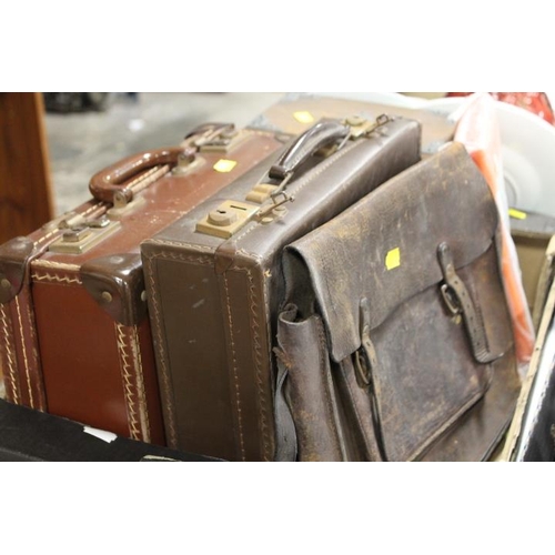 77 - A TRAY TO INCLUDE AN OAK BOX, VINTAGE SATCHELS ETC