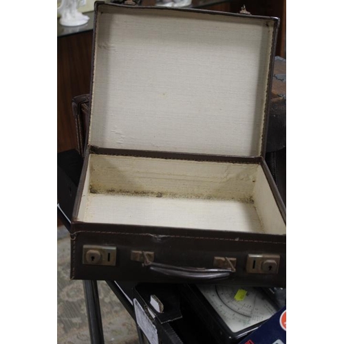 77 - A TRAY TO INCLUDE AN OAK BOX, VINTAGE SATCHELS ETC