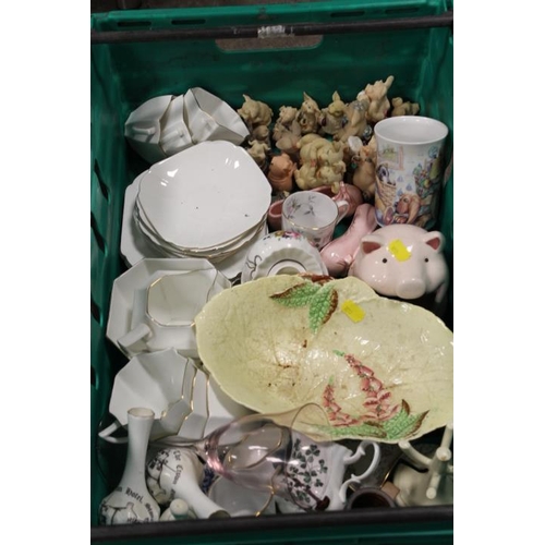 78 - THREE TRAYS OF ASSORTED CERAMICS AND GLASS TO INCLUDE PIGGIN FIGURES