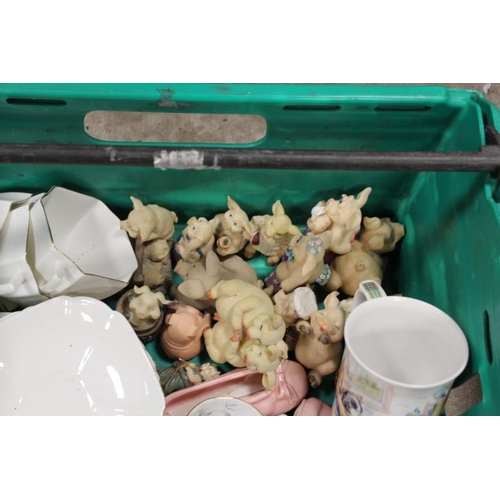 78 - THREE TRAYS OF ASSORTED CERAMICS AND GLASS TO INCLUDE PIGGIN FIGURES