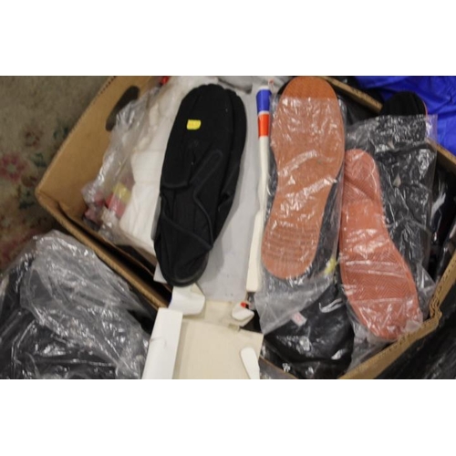 83 - TWO TRAYS OF ASSORTED UNUSED MARTIAL ARTS CLOTHING / BELTS ETC