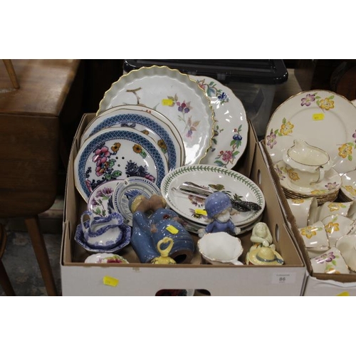 86 - FOUR TRAYS OF ASSORTED CERAMICS AND GLASSWARE TO INCLUDE AN UNUSUAL ART DECO WADE HEATH COMMEMORATIV... 