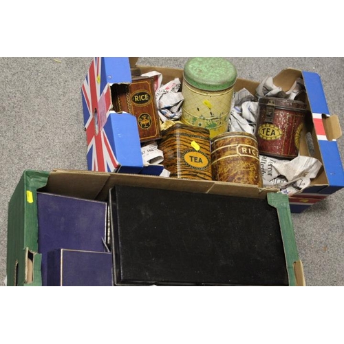 96 - TWO TRAYS OF COLLECTABLE TINS AND BOXES ETC