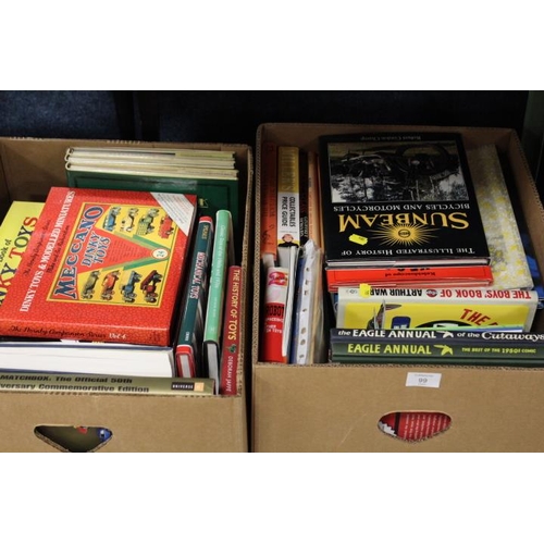 99 - TWO TRAYS OF ASSORTED BOOKS TO INCLUDE DINKY TOY BOOKS ETC