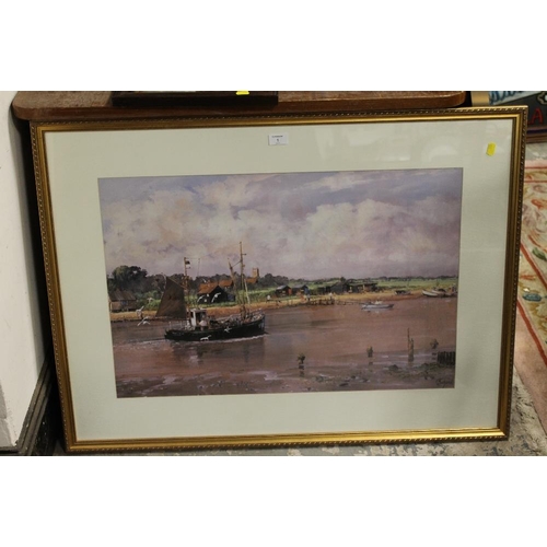 1 - A GILT FRAMED AND GLAZED PRINT OF A FISHING BOAT ON THE RIVER