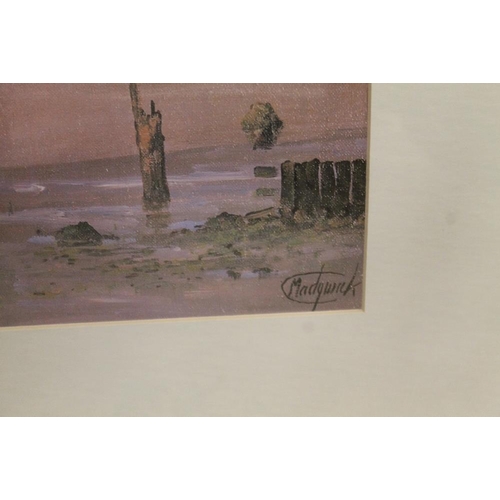 1 - A GILT FRAMED AND GLAZED PRINT OF A FISHING BOAT ON THE RIVER