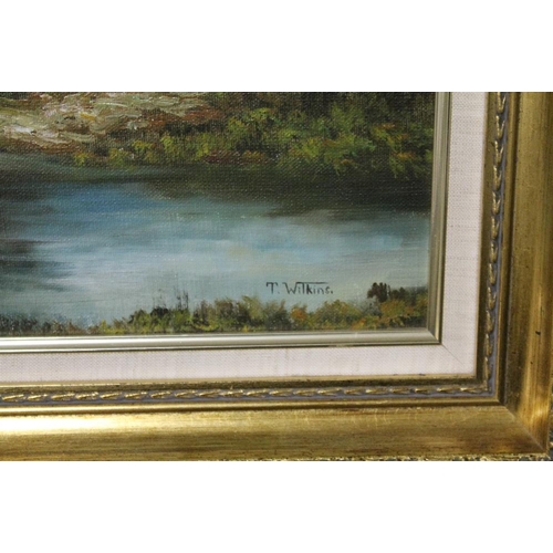 10 - A GILT FRAMED OIL ON CANVAS OF A VILLAGE POND WITH THATCHED COTTAGE