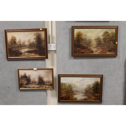 13 - FOUR FRAMED OILS ON CANVAS OF WOODLAND RIVER SCENES BY E. WALKER 1968