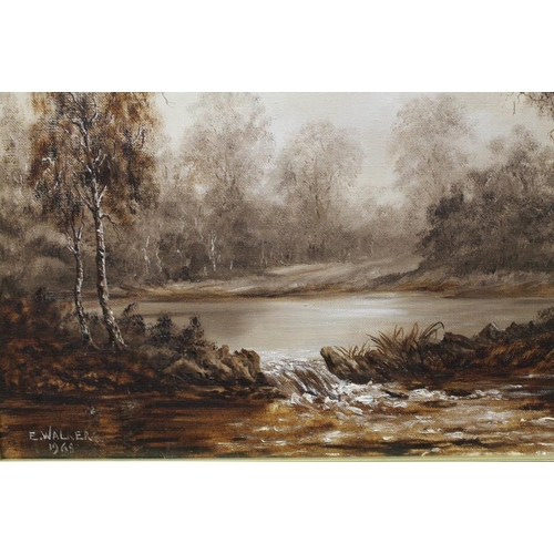 13 - FOUR FRAMED OILS ON CANVAS OF WOODLAND RIVER SCENES BY E. WALKER 1968