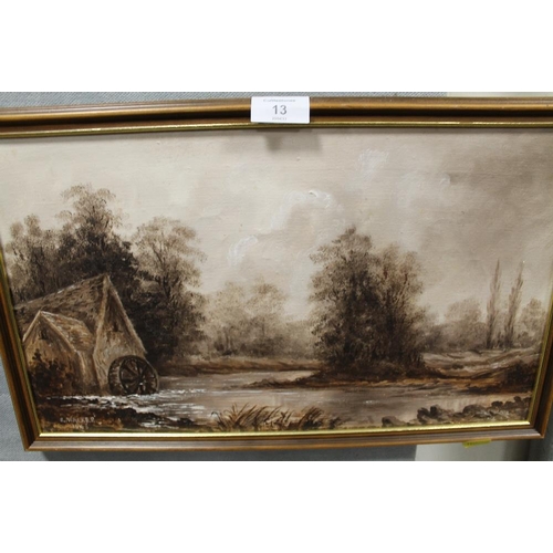 13 - FOUR FRAMED OILS ON CANVAS OF WOODLAND RIVER SCENES BY E. WALKER 1968