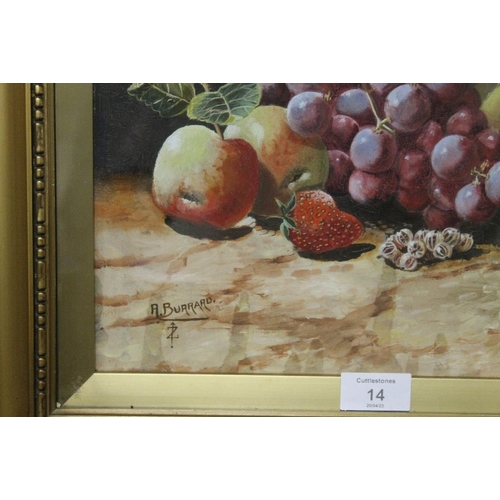 14 - A PAIR OF GILT FRAMED OIL ON BOARD STILL LIFE SCENE - ONE WITH BADLY DAMAGED GLASS, SIGNED LOWER LEF... 