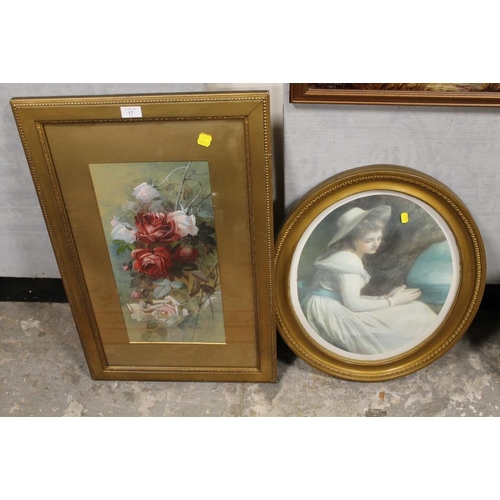 17 - A GILT FRAMED AND GLAZED STILL LIFE PAINTING OF ROSES, INDISTINCTLY SIGNED LOWER RIGHT, TOGETHER WIT... 