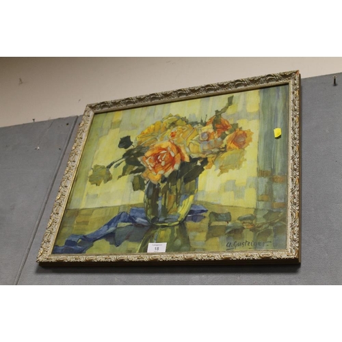 18 - A GILT FRAMED AND GLAZED LITHOGRAPHIC STYLE STILL LIFE PRINT OF FLOWERS IN A VASE BY A GUSTEIGER