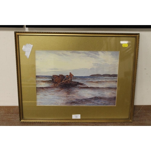 19 - A GILT FRAMED AND GLAZED WATERCOLOUR OF TWO FISHERMEN IN A BOAT ON THE SHORELINE, SIGNED LOWER RIGHT... 