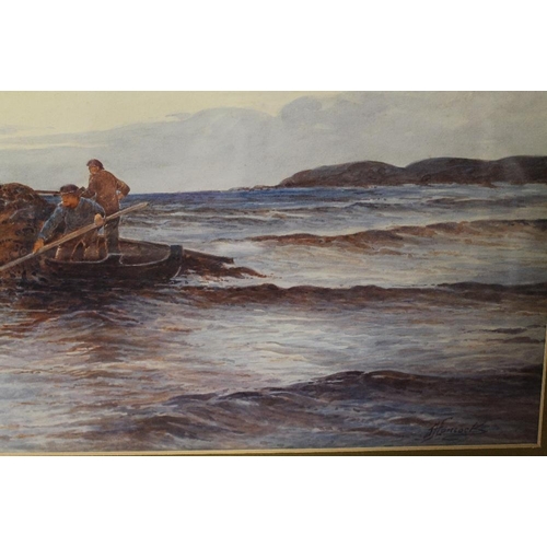 19 - A GILT FRAMED AND GLAZED WATERCOLOUR OF TWO FISHERMEN IN A BOAT ON THE SHORELINE, SIGNED LOWER RIGHT... 