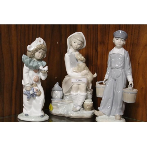 198 - TWO LLADRO FIGURES TOGETHER WITH A NAO FIGURE OF A GIRL DRESSED AS A CLOWN (3)