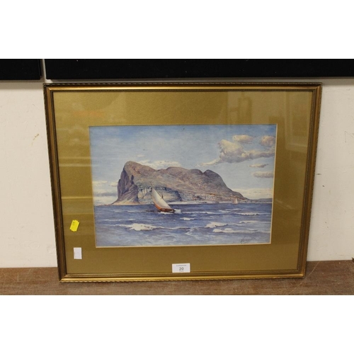 20 - A GILT FRAMED AND GLAZED WATERCOLOUR OF A SAILING BOAT IN FRONT OF THE ROCK OF GIBRALTAR, SIGNED LOW... 