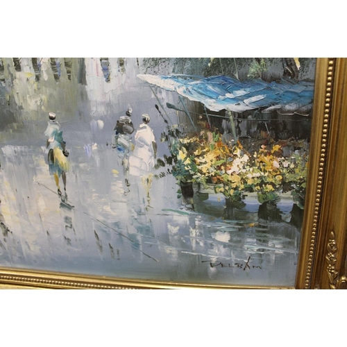 21 - A GILT FRAMED OIL ON CANVAS OF A CONTINENTAL STREET SCENE, SIGNED PELBAN