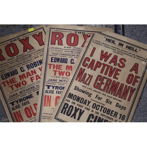 212 - THREE VINTAGE PRE-WAR  ROXY CINEMA BILL POSTERS (THE ROXY, GLASS STREET, HANLEY))