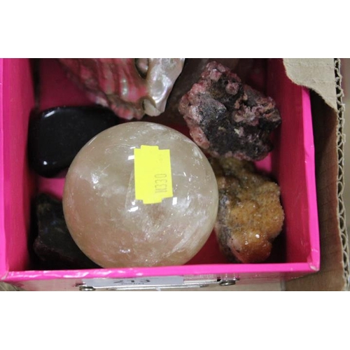 213 - A SMALL TRAY OF COLLECTABLES TO INCLUDE ROCK SAMPLES, MOUNTED ANTLERS ETC