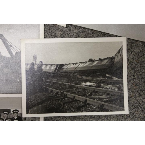 215 - A SELECTION OF CATALOGUES AND EPHEMERA TO INCLUDE VINTAGE BLACK & WHITE LOCOMOTIVE CRASH SCENE PHOTO... 