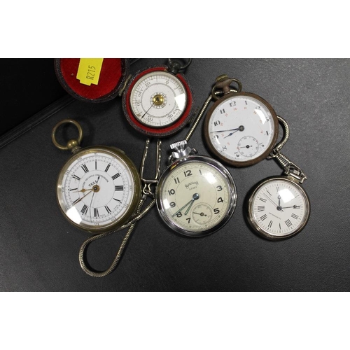 224 - FOUR ASSORTED POCKET WATCHES TOGETHER WITH A VINTAGE CASED COMPASS (5)