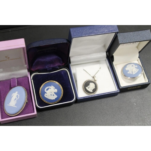 227 - FOUR WEDGWOOD JASPERWARE CAMEO BROOCHES/ NECKLACE TWO STAMPED HALLMARKED SILVER