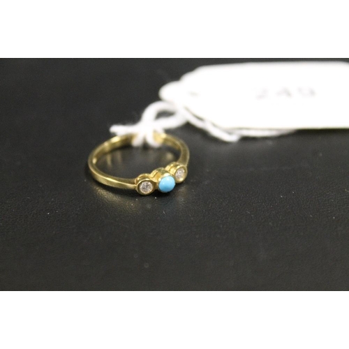 249 - A HALLMARKED 18 CARAT GOLD TURQUOISE AND DIAMOND RING, approx weight 2g