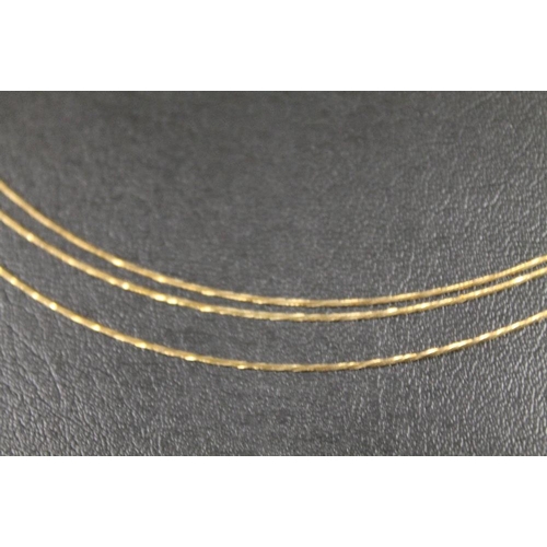 287 - A HALLMARKED 9CT GOLD THREE STRAND NECKLACE TOGETHER WITH A 14 CT GOLD NIBBED FOUNTAIN PEN (2)