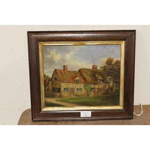 3 - A SMALL FRAMED OIL ON BOARD OF A COUNTRY COTTAGE